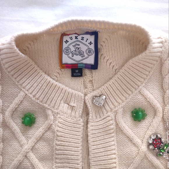 MUKZIN Wool Korean Unique Bunny Bejeweled Knitted Beige Cardigan Sweater - Picture 5 of 16